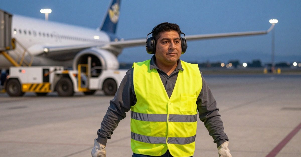 Trabajador de servicios en tierra con protección auditiva y chaleco reflectante en la plataforma de un aeropuerto.
