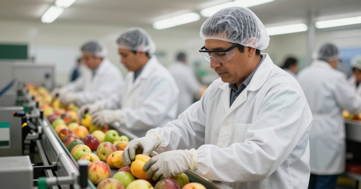 Trabajador con cofia, guantes y lentes de seguridad selecciona fruta en la línea de un packing.