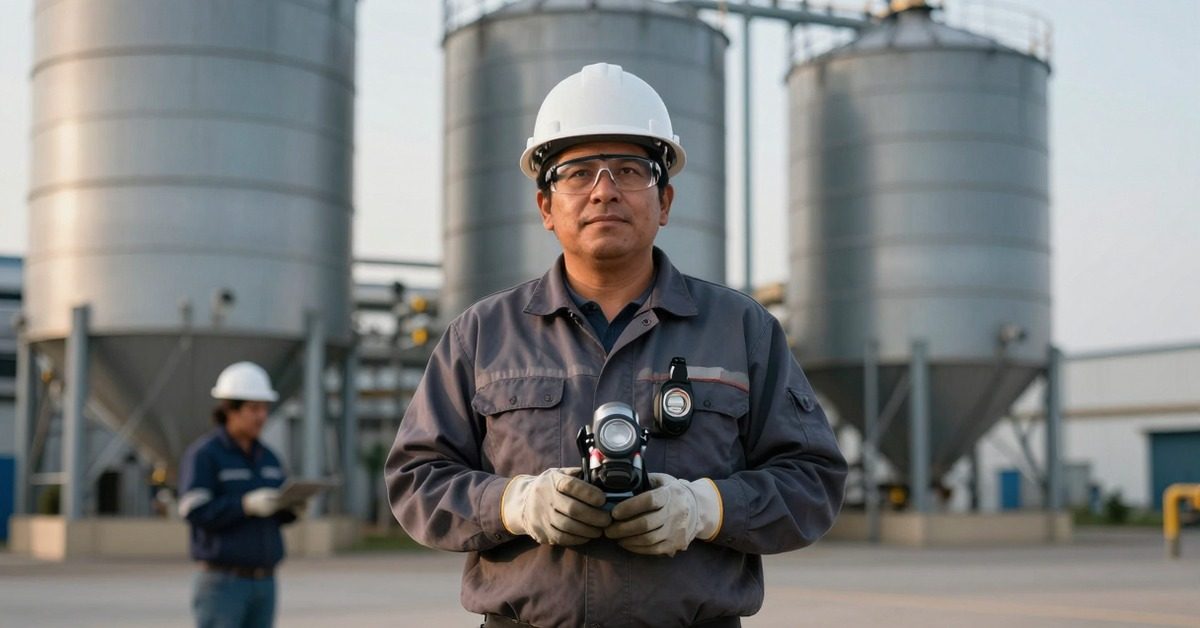 Trabajador con casco y lentes de seguridad sostiene un respirador frente a los silos de una planta agroindustrial.