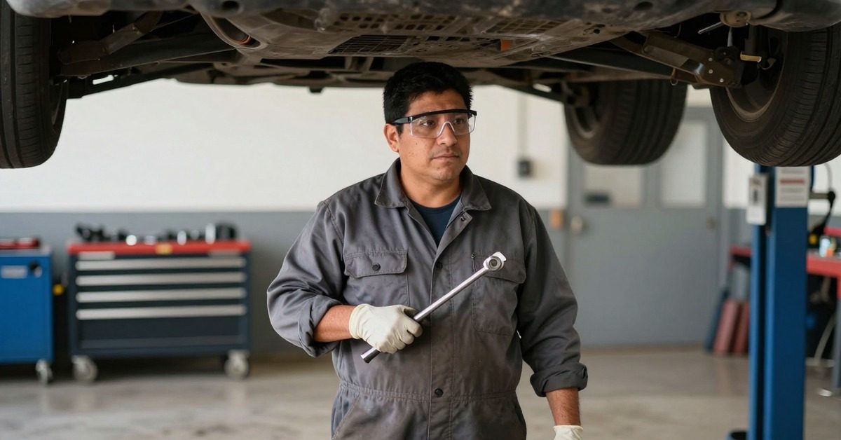 Mecánico con lentes de seguridad bajo un vehículo levantado en el elevador de un taller automotriz.
