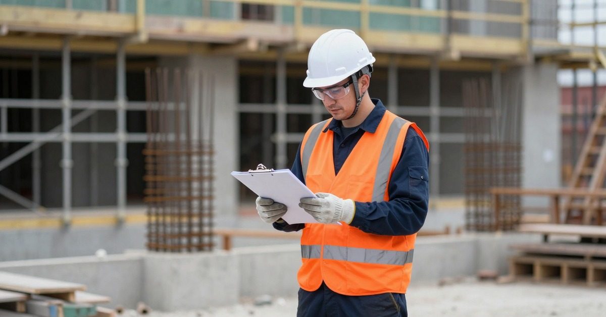 Supervisor con casco y chaleco reflectante revisa una lista de verificación en una obra en construcción.