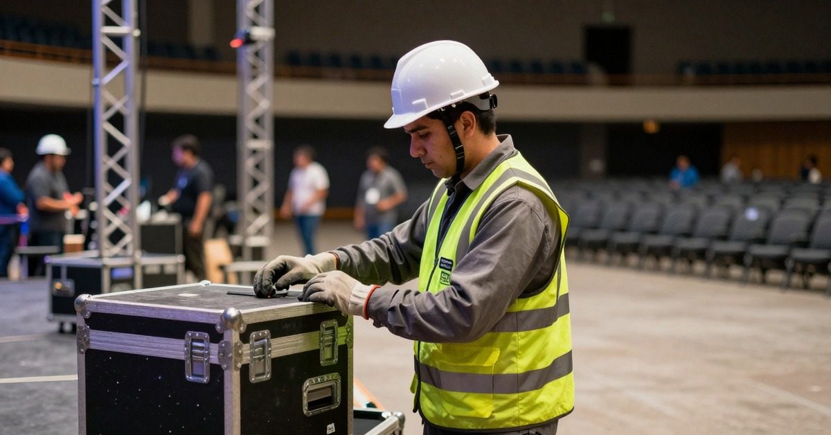 Técnico con casco y chaleco reflectante prepara equipos durante el montaje de un evento.