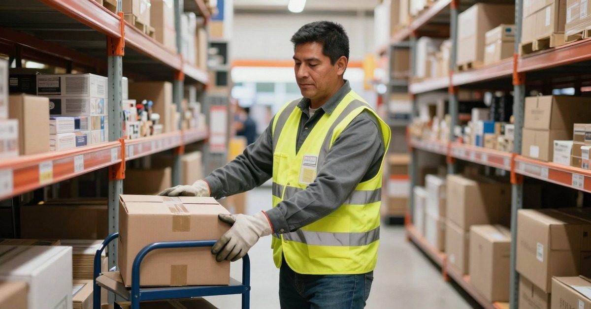 Vendedor con chaleco reflectante y guantes traslada mercadería entre las estanterías de una ferretería.