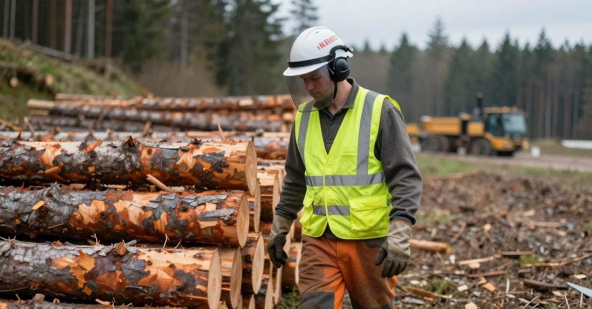 Trabajador forestal con casco, visor y protección auditiva junto a un acopio de trozos en faena.
