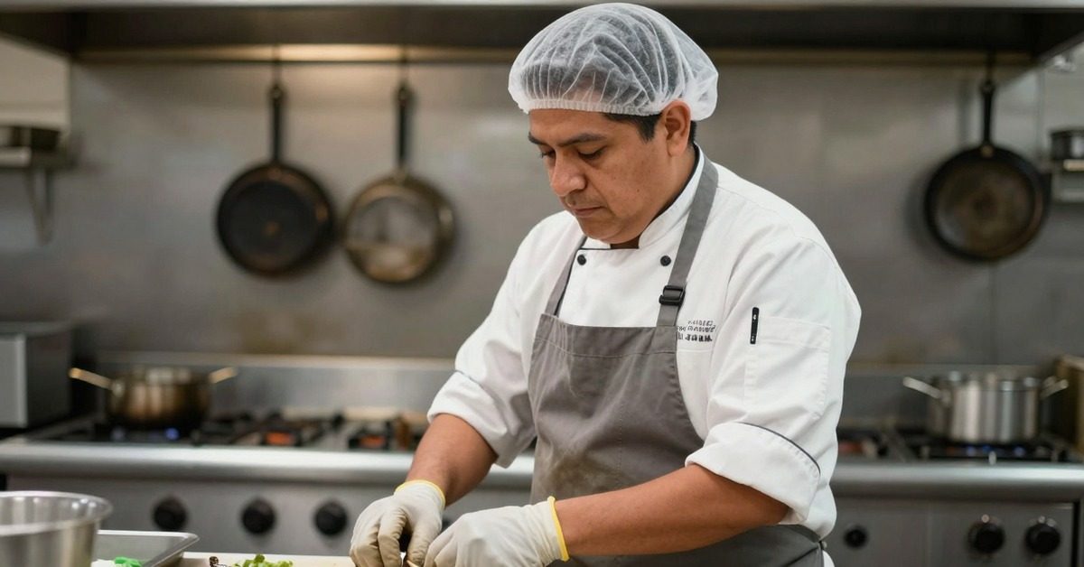Cocinero con cofia y guantes prepara alimentos en la cocina industrial de un restaurante.