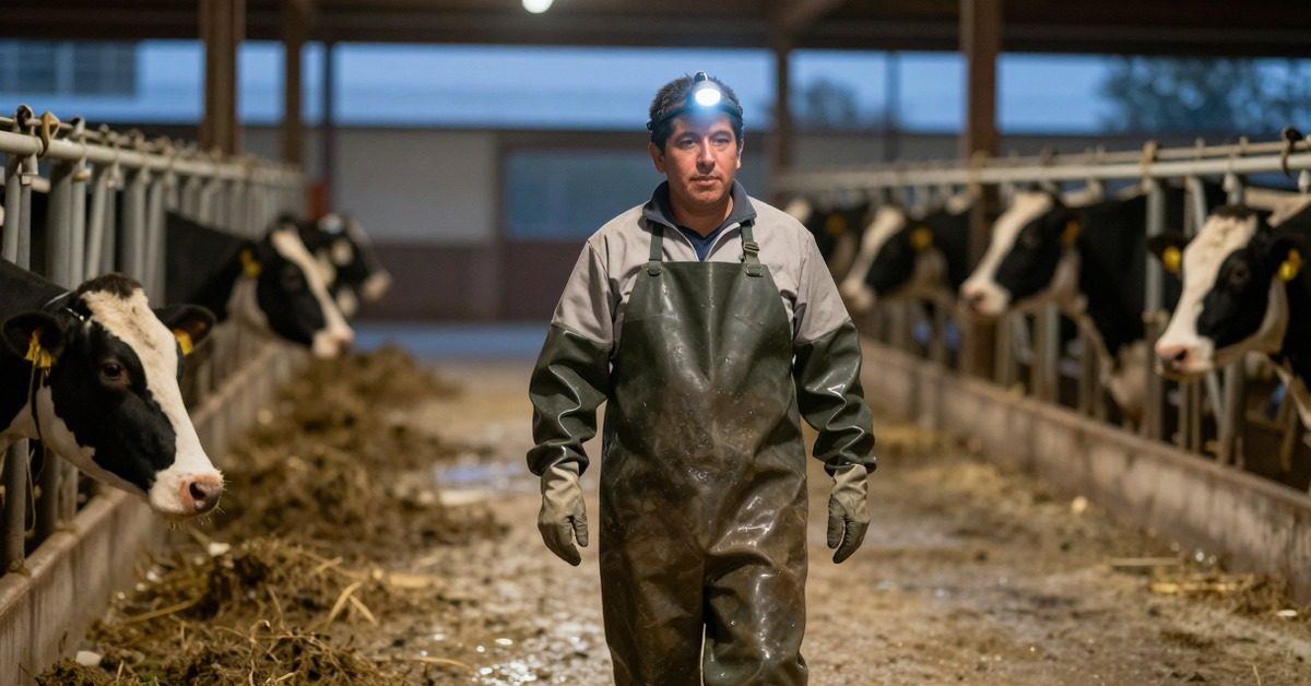 Trabajador con overol impermeable y linterna frontal recorre el pasillo de una sala de ordeña.