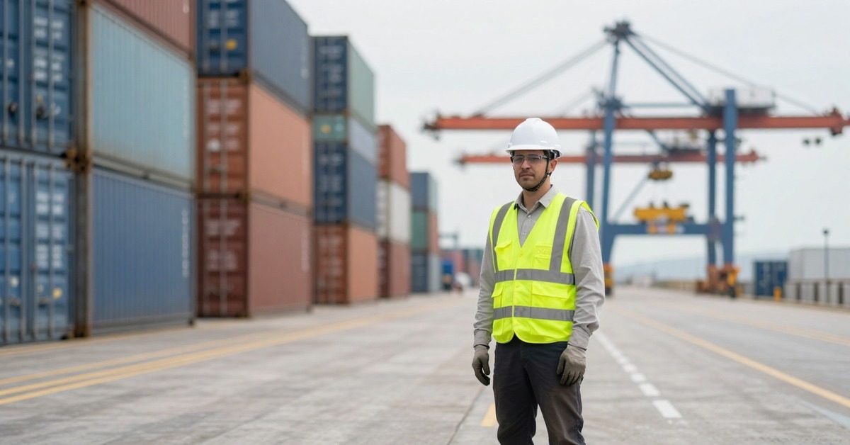 Trabajador con casco y chaleco reflectante en la explanada de un terminal portuario, con grúas y contenedores al fondo.