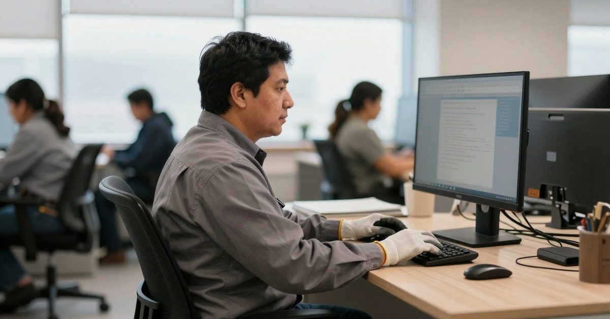 Trabajador en un puesto administrativo frente a dos pantallas, en una oficina de planta abierta.