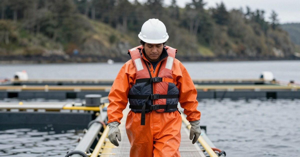 Trabajador con casco y chaleco salvavidas camina por la pasarela de un centro de cultivo de salmones.
