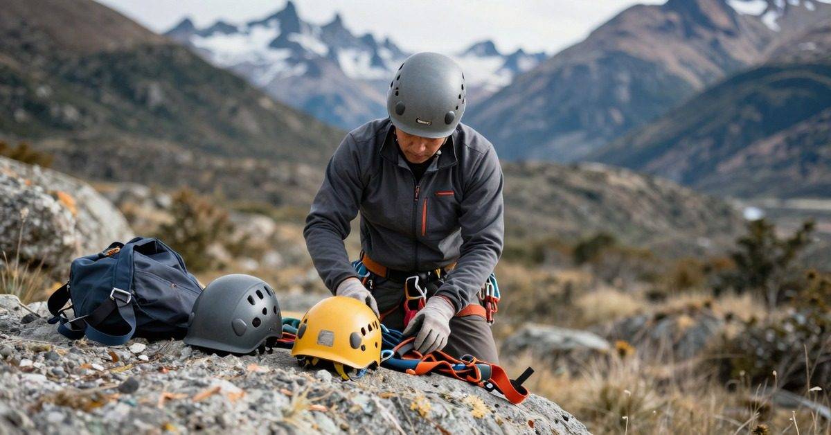 Guía revisa arneses, cuerdas y cascos antes de una salida de turismo aventura en la montaña.