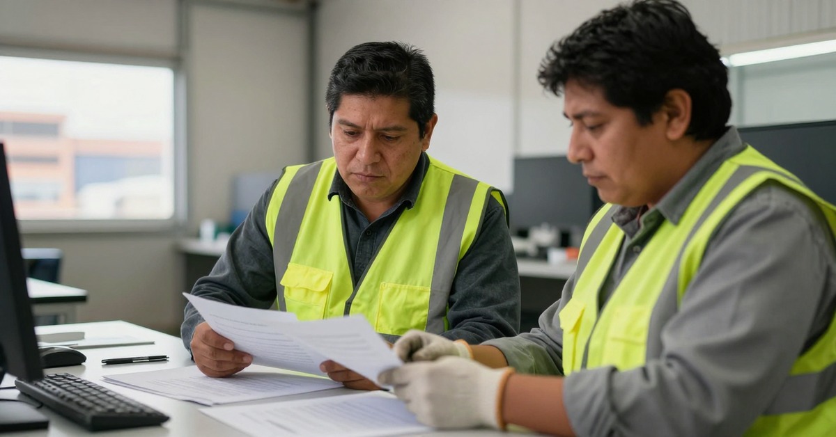 Dos trabajadores revisan documentación de prevención de riesgos sobre un escritorio.