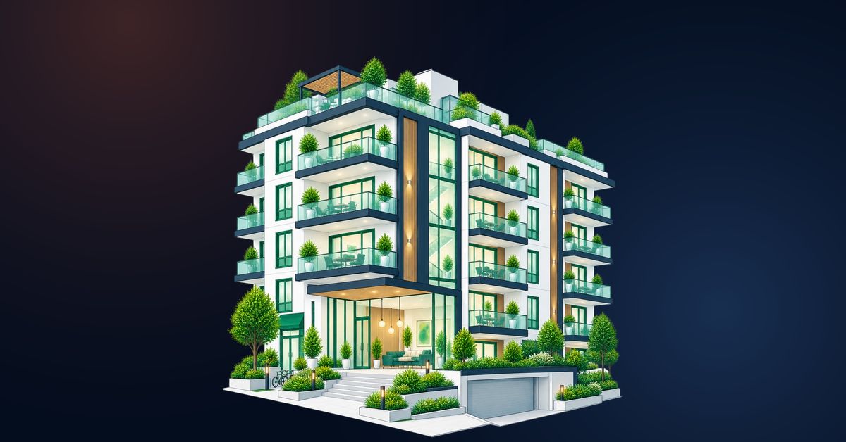 Ilustración de un edificio residencial de cinco pisos, con balcones, terraza en la azotea, jardineras en el acceso y un portón de estacionamiento subterráneo.